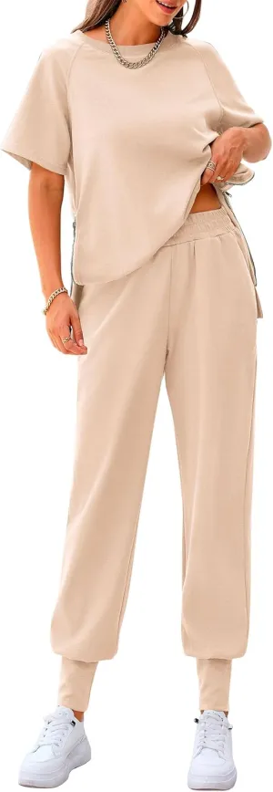 PRETTYGARDEN Women's Summer 2 Piece Outfit Tracksuits Casual Short Sleeve Tops High Waisted Sweatpants Set