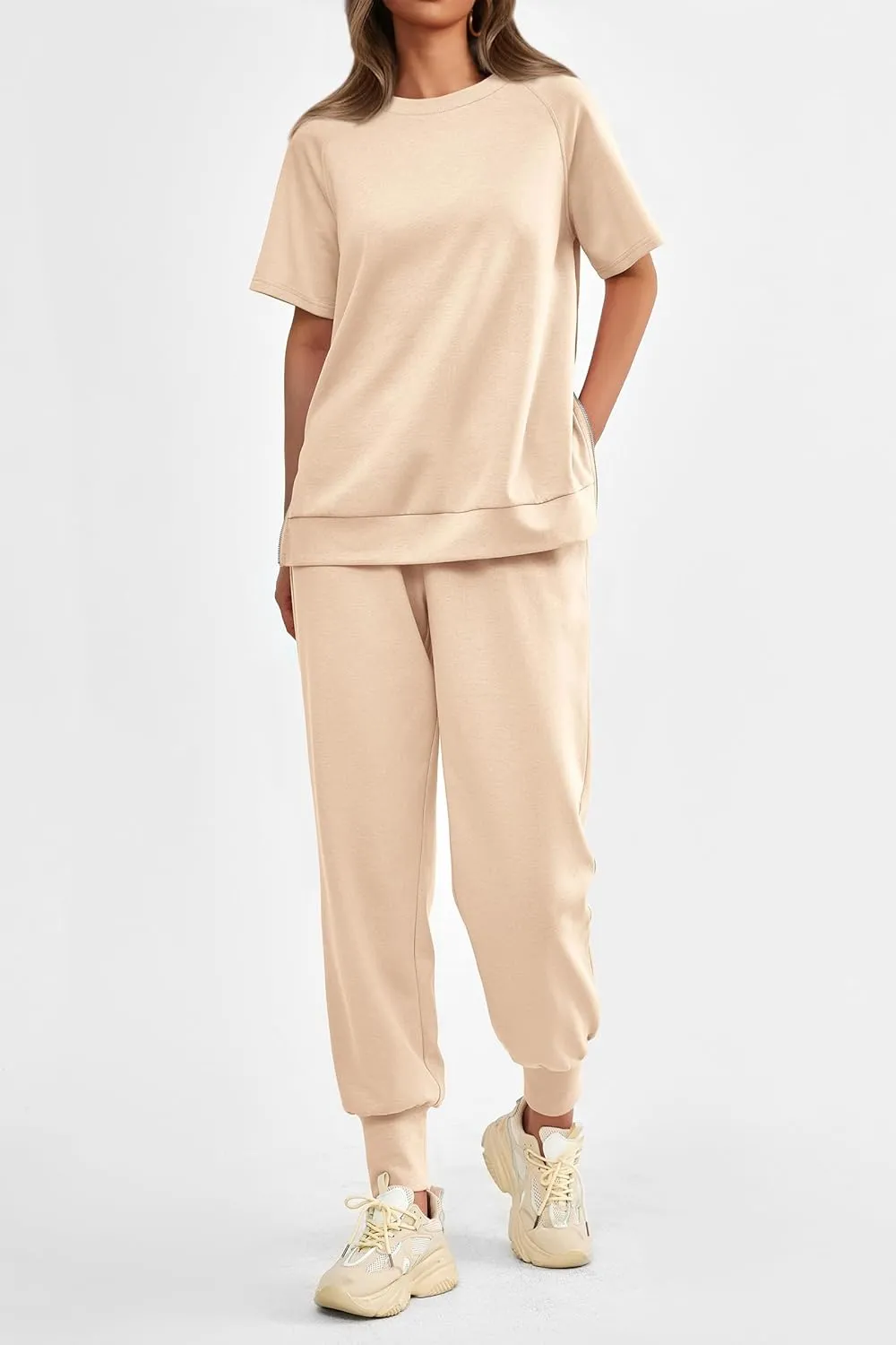 PRETTYGARDEN Women's Summer 2 Piece Outfit Tracksuits Casual Short Sleeve Tops High Waisted Sweatpants Set