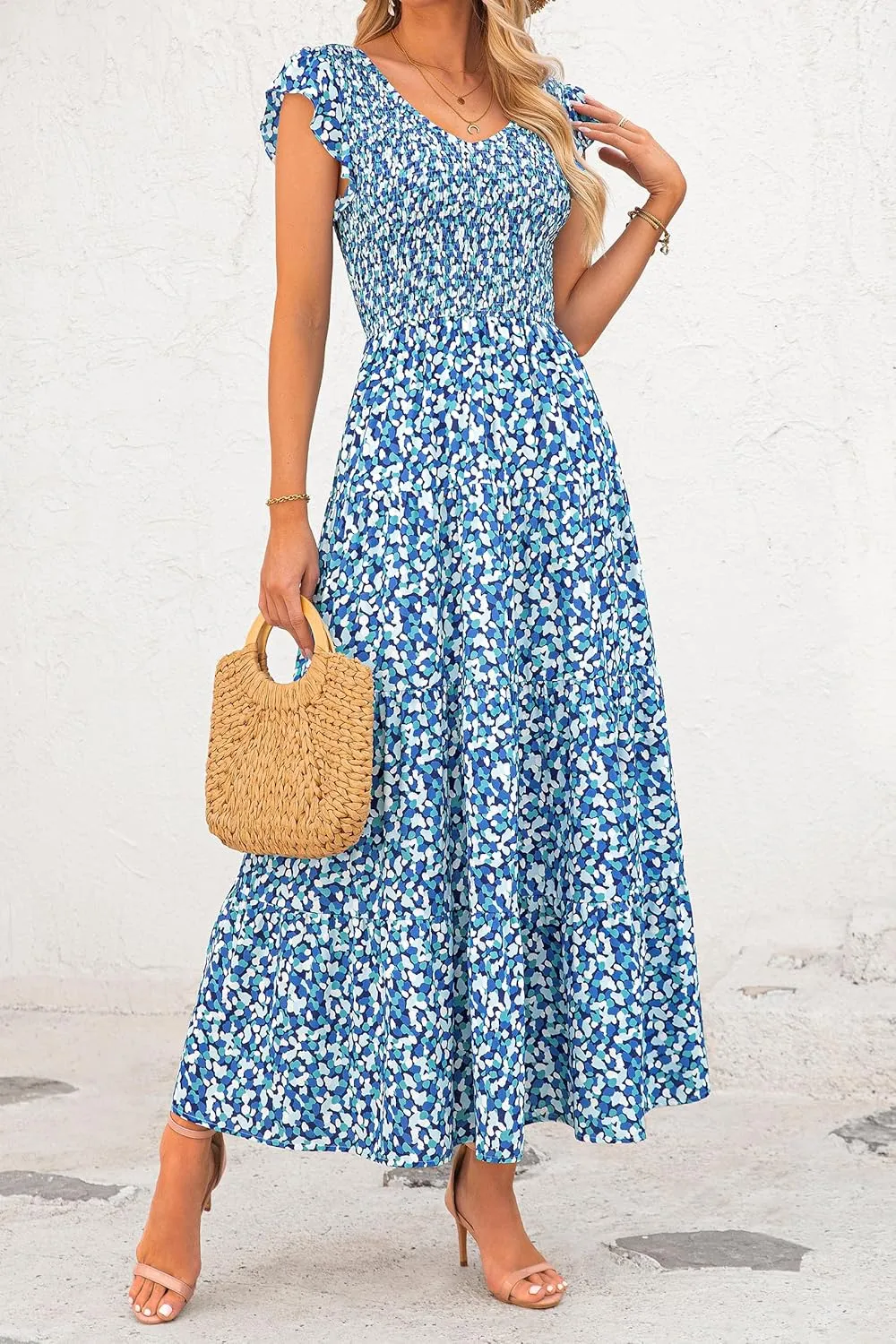 PRETTYGARDEN Women's Summer Flowy Maxi Dress Casual Cap Sleeve V Neck Smocked Beach Sundress