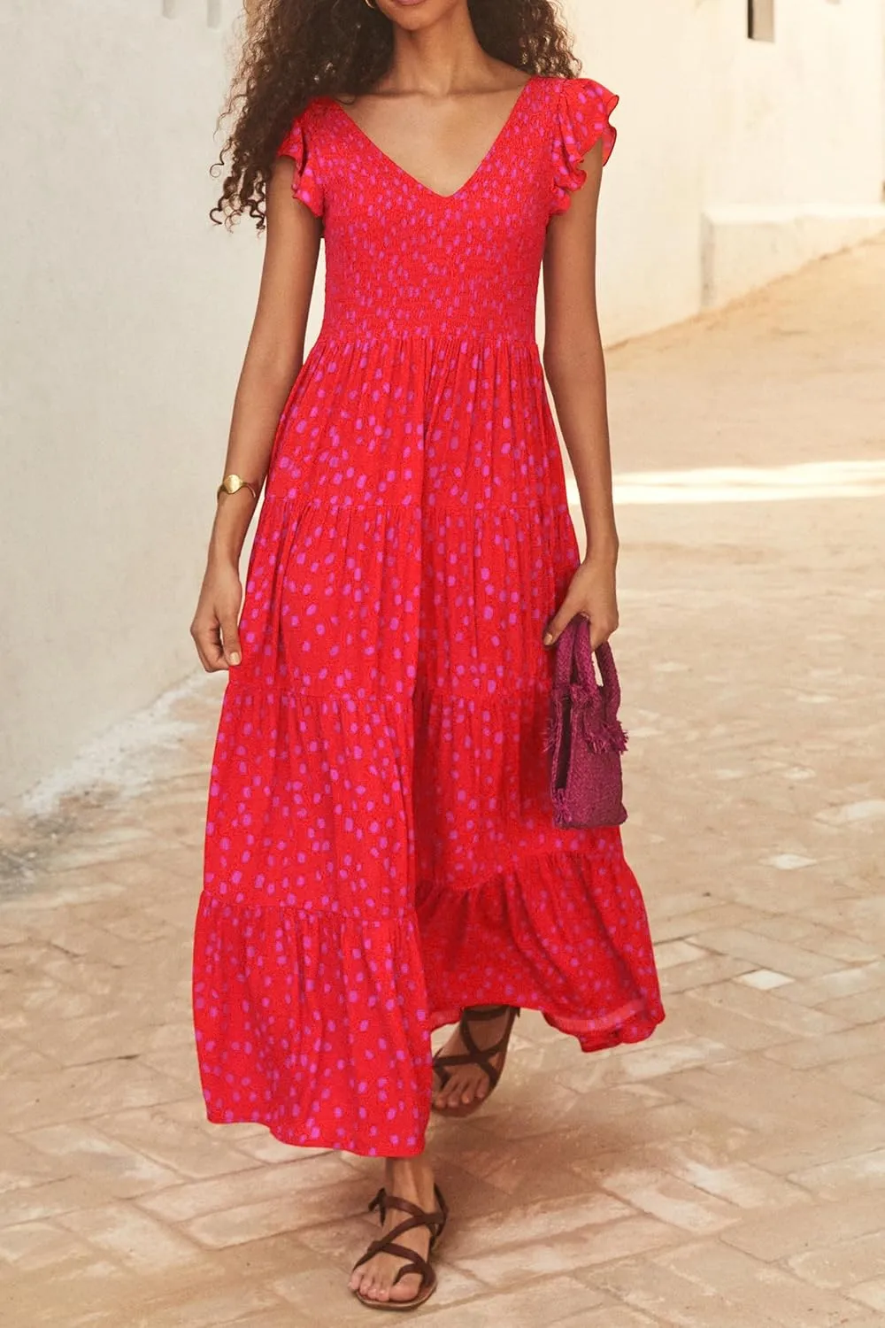 PRETTYGARDEN Women's Summer Flowy Maxi Dress Casual Cap Sleeve V Neck Smocked Beach Sundress