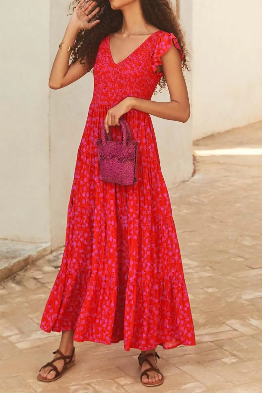 PRETTYGARDEN Women's Summer Flowy Maxi Dress Casual Cap Sleeve V Neck Smocked Beach Sundress