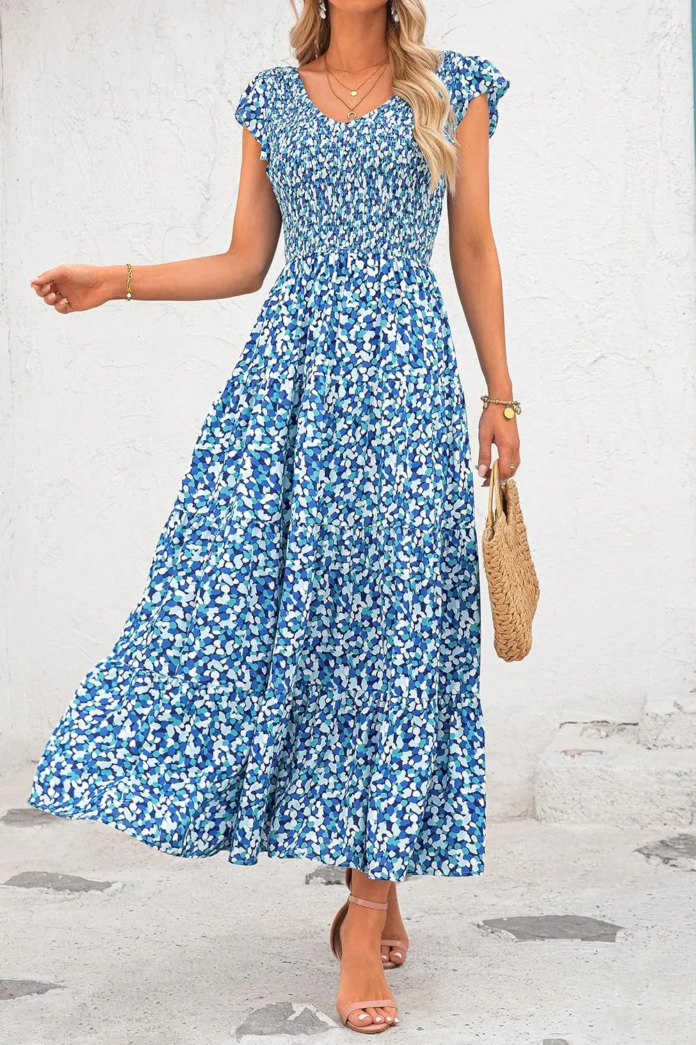 PRETTYGARDEN Women's Summer Flowy Maxi Dress Casual Cap Sleeve V Neck Smocked Beach Sundress
