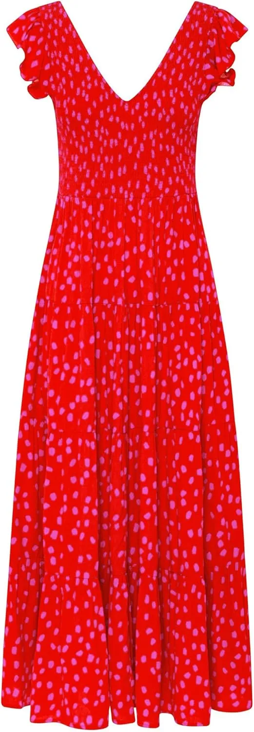 PRETTYGARDEN Women's Summer Flowy Maxi Dress Casual Cap Sleeve V Neck Smocked Beach Sundress