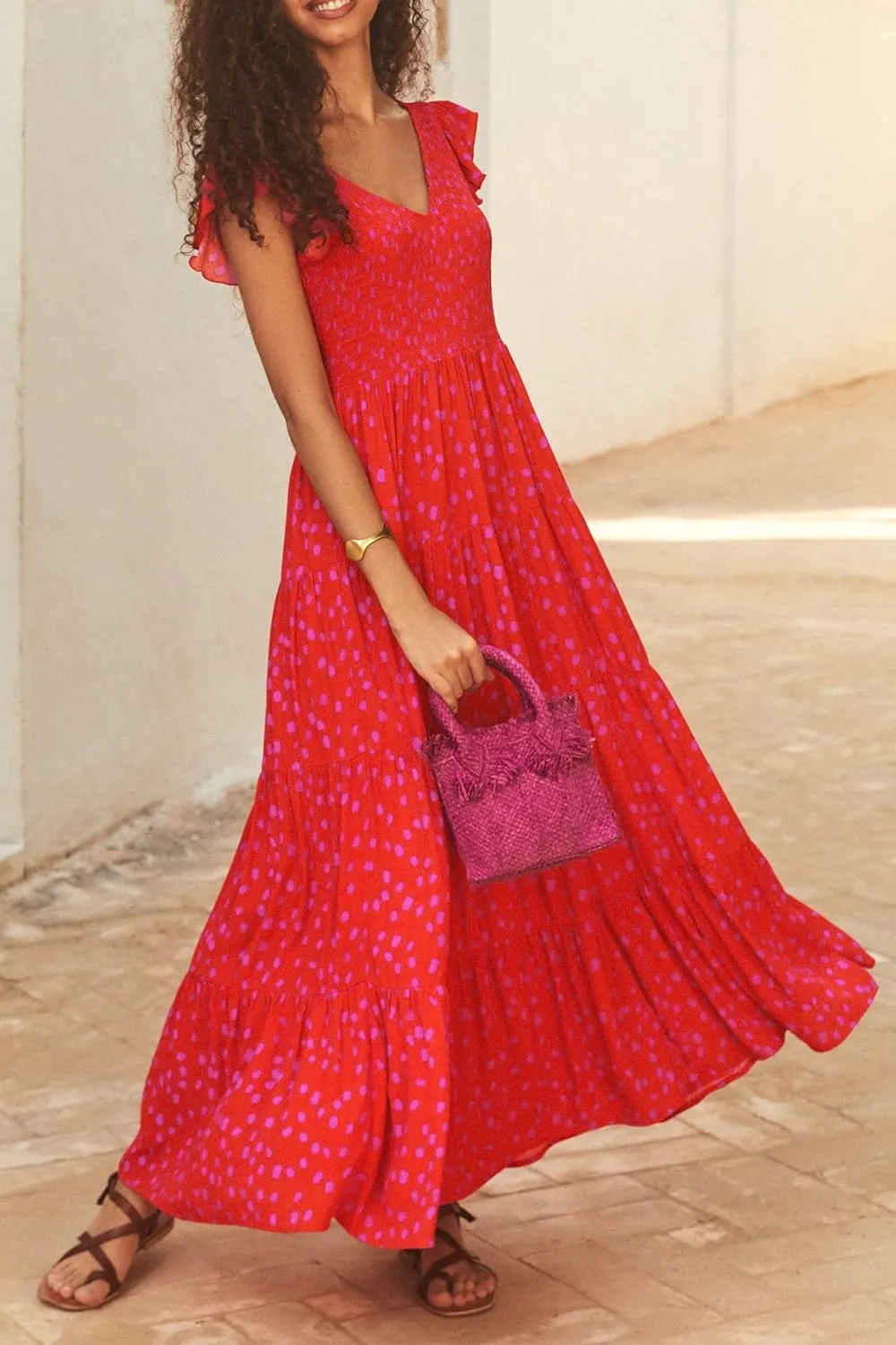 PRETTYGARDEN Women's Summer Flowy Maxi Dress Casual Cap Sleeve V Neck Smocked Beach Sundress