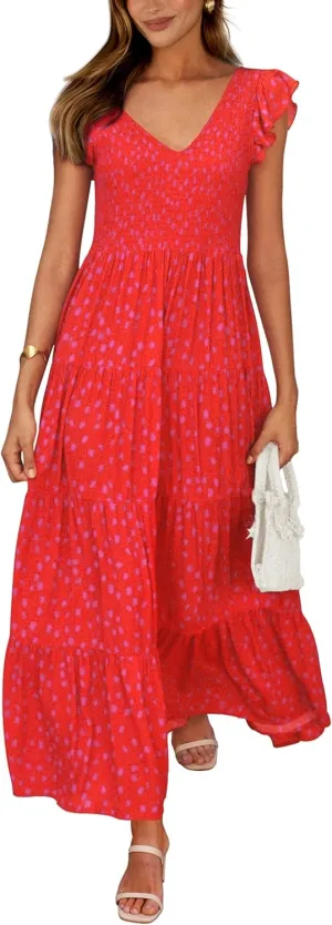 PRETTYGARDEN Women's Summer Flowy Maxi Dress Casual Cap Sleeve V Neck Smocked Beach Sundress