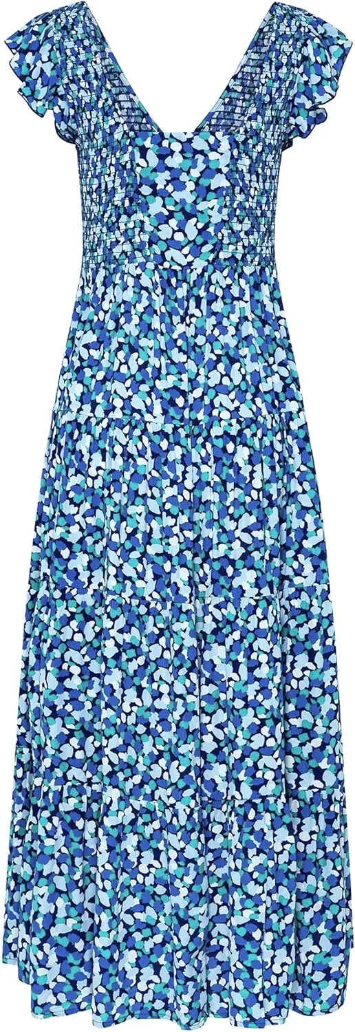 PRETTYGARDEN Women's Summer Flowy Maxi Dress Casual Cap Sleeve V Neck Smocked Beach Sundress
