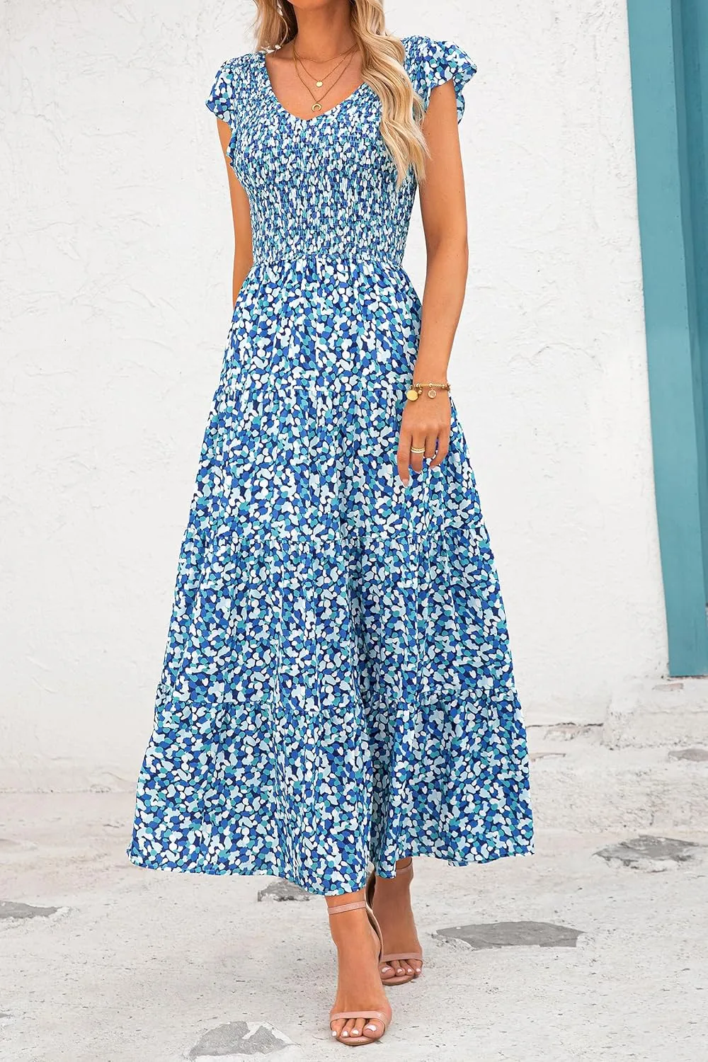 PRETTYGARDEN Women's Summer Flowy Maxi Dress Casual Cap Sleeve V Neck Smocked Beach Sundress
