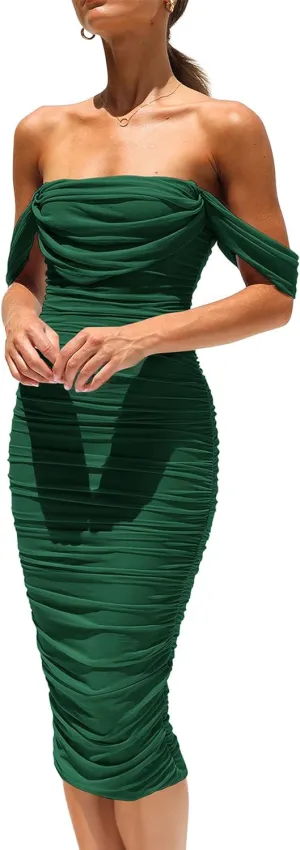 PRETTYGARDEN Women's Summer Off The Shoulder Dresses Sleeveless Ruched Fitted Cocktail Party Club Midi Bodycon Dress