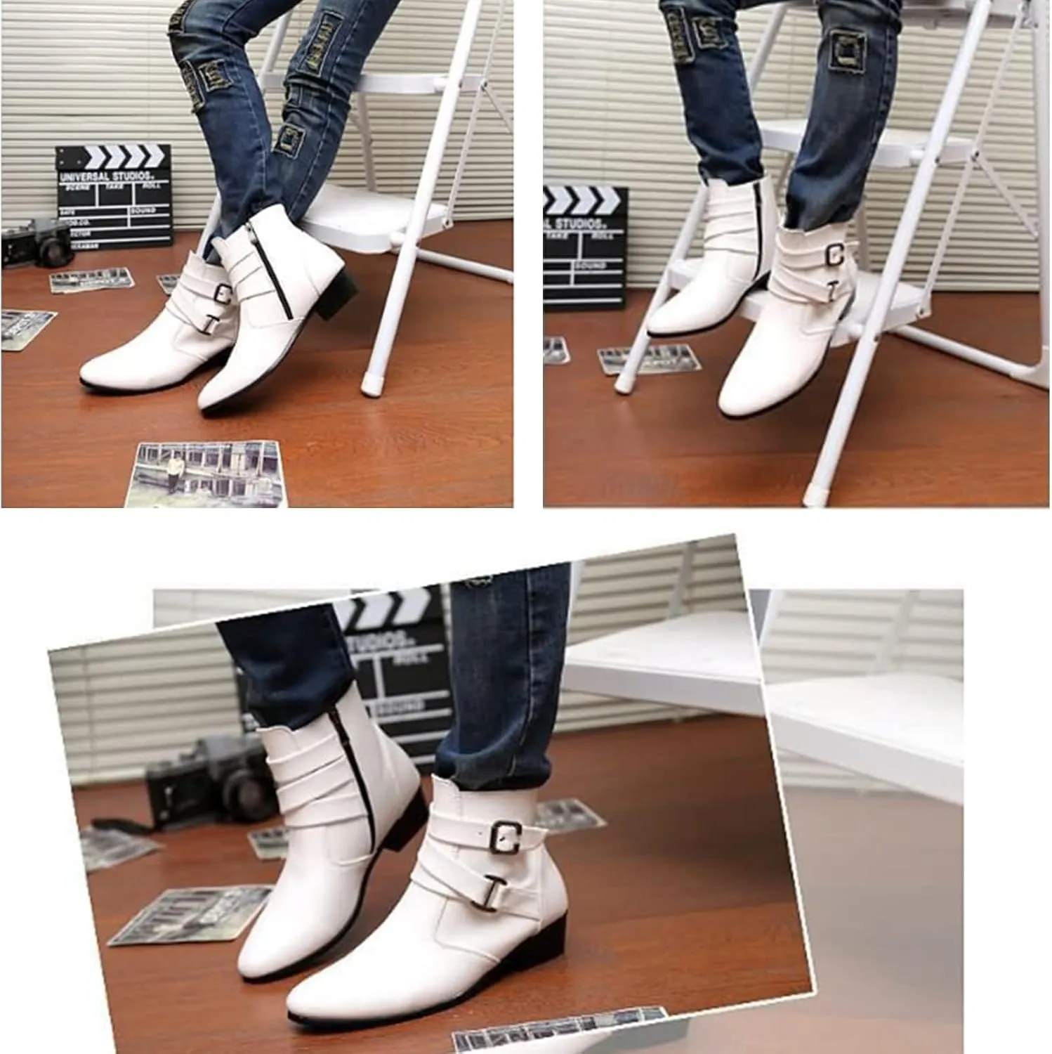 PURCHAWEE Men's Leather Pointed Toe Chelsea Boots,Buckle Straps Side Zipper Chunky Low Heel Western Formal Dress Boots Ankle Boots