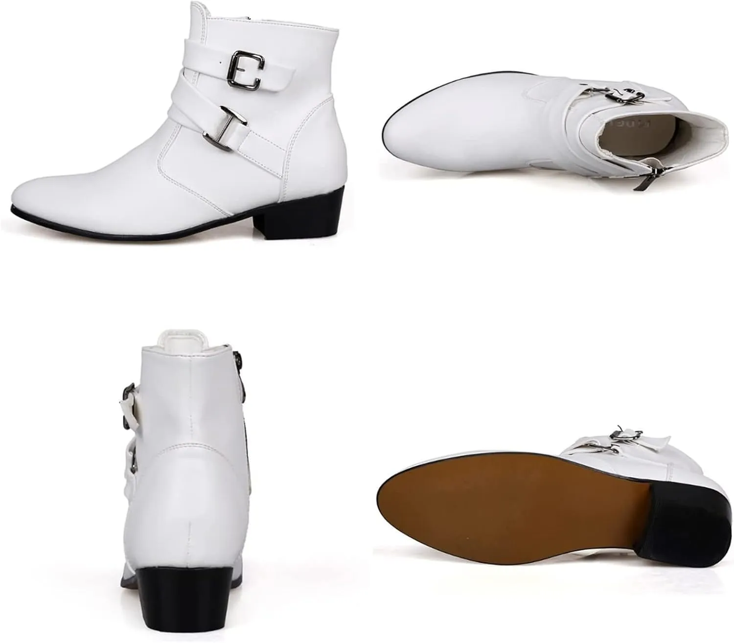 PURCHAWEE Men's Leather Pointed Toe Chelsea Boots,Buckle Straps Side Zipper Chunky Low Heel Western Formal Dress Boots Ankle Boots