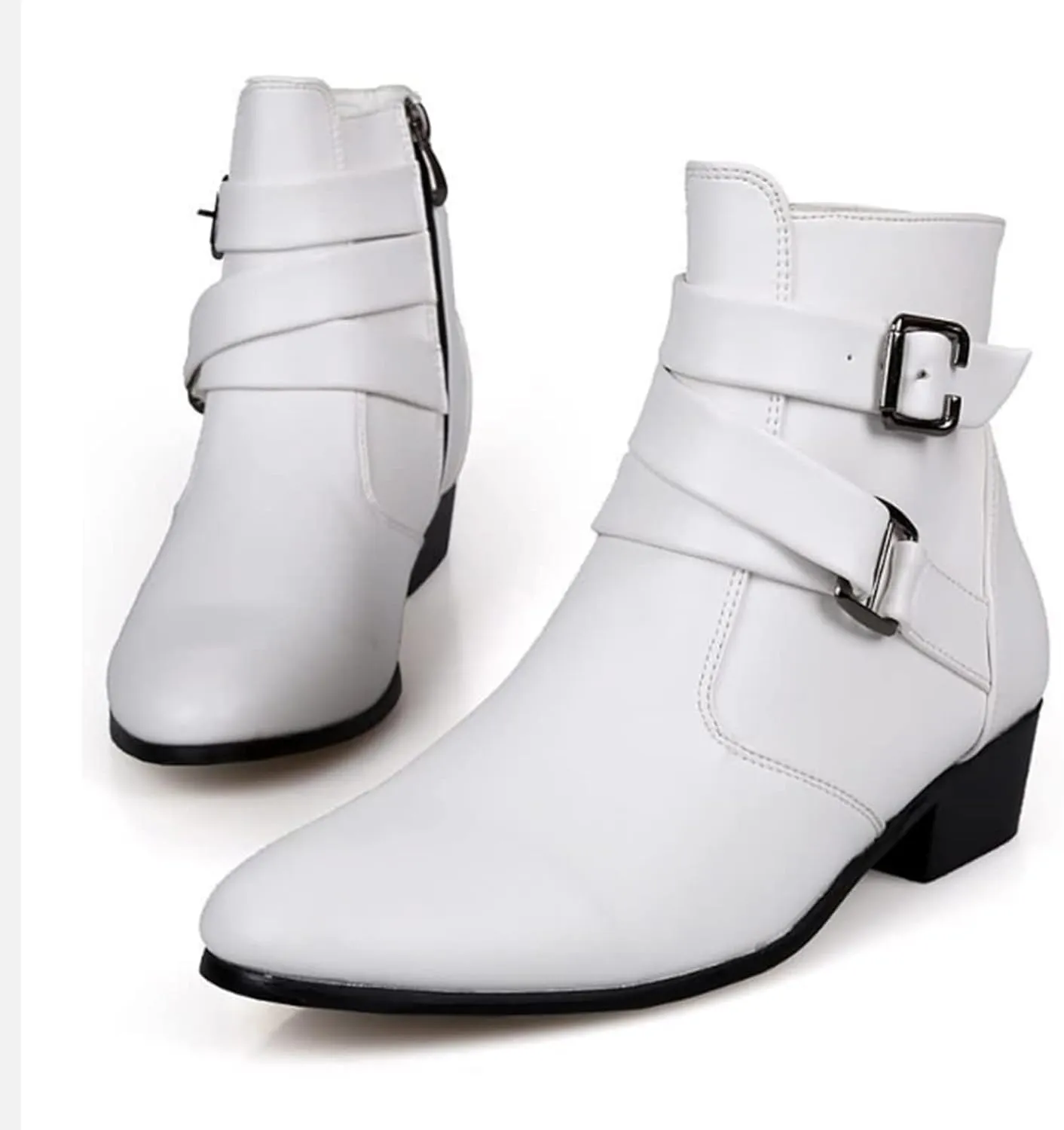 PURCHAWEE Men's Leather Pointed Toe Chelsea Boots,Buckle Straps Side Zipper Chunky Low Heel Western Formal Dress Boots Ankle Boots