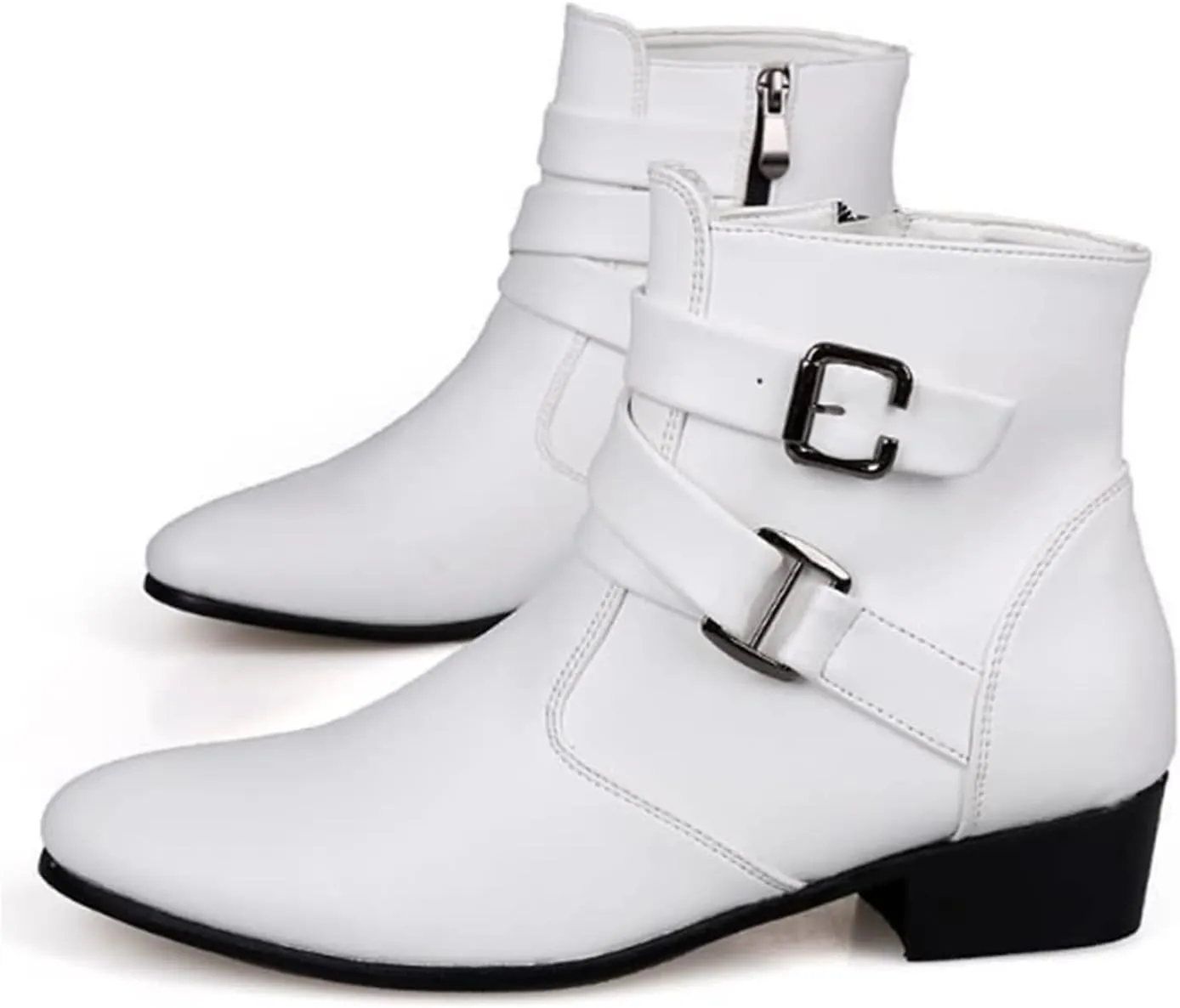 PURCHAWEE Men's Leather Pointed Toe Chelsea Boots,Buckle Straps Side Zipper Chunky Low Heel Western Formal Dress Boots Ankle Boots