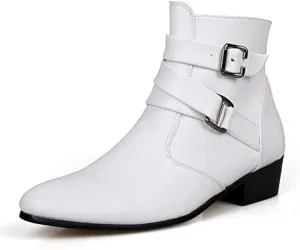 PURCHAWEE Men's Leather Pointed Toe Chelsea Boots,Buckle Straps Side Zipper Chunky Low Heel Western Formal Dress Boots Ankle Boots