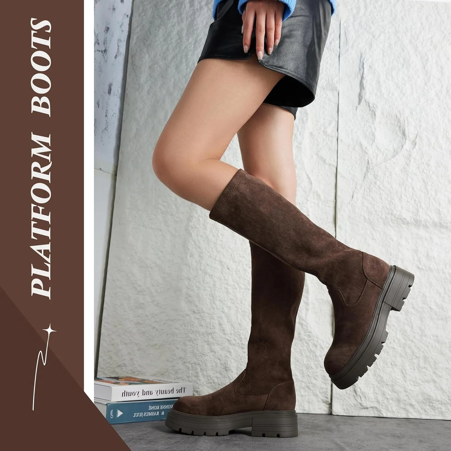 Putu Platform Knee High Boots for Women Faux Suede Tall Boots Lug Sole Knee Boots