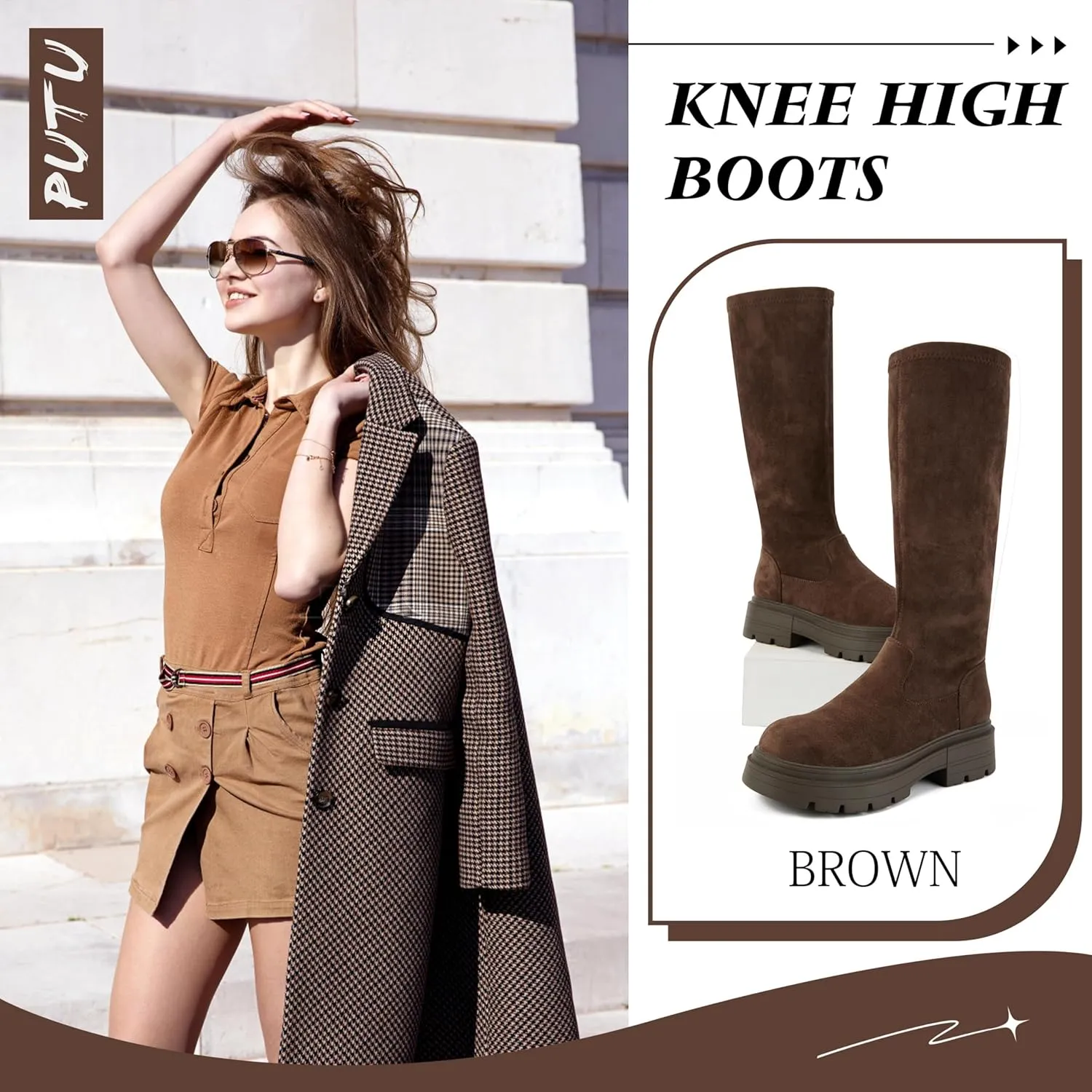 Putu Platform Knee High Boots for Women Faux Suede Tall Boots Lug Sole Knee Boots