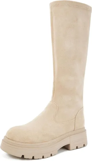 Putu Platform Knee High Boots for Women Faux Suede Tall Boots Lug Sole Knee Boots