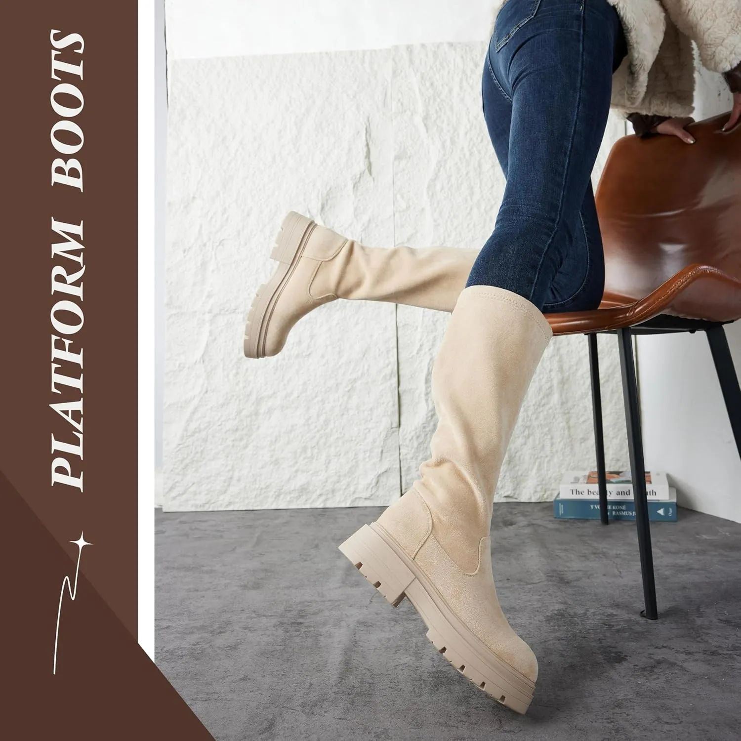 Putu Platform Knee High Boots for Women Faux Suede Tall Boots Lug Sole Knee Boots