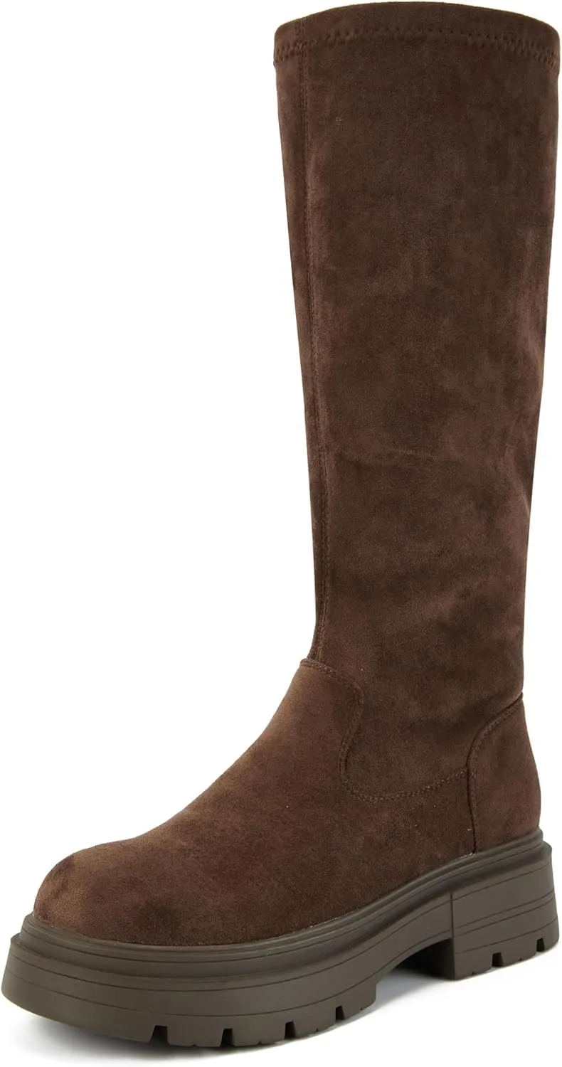 Putu Platform Knee High Boots for Women Faux Suede Tall Boots Lug Sole Knee Boots