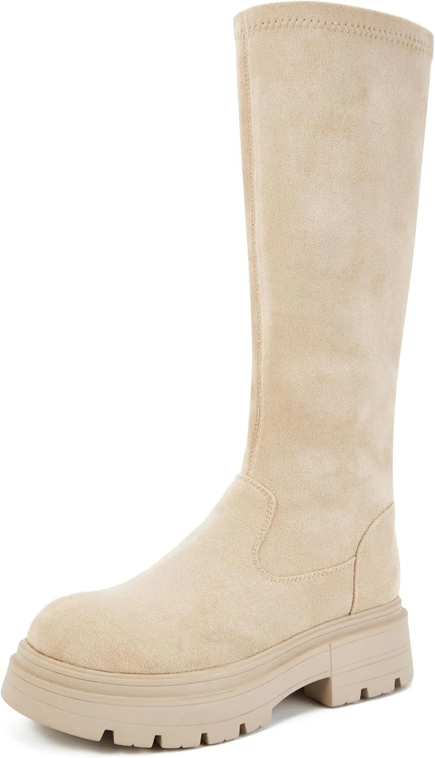 Putu Platform Knee High Boots for Women Faux Suede Tall Boots Lug Sole Knee Boots
