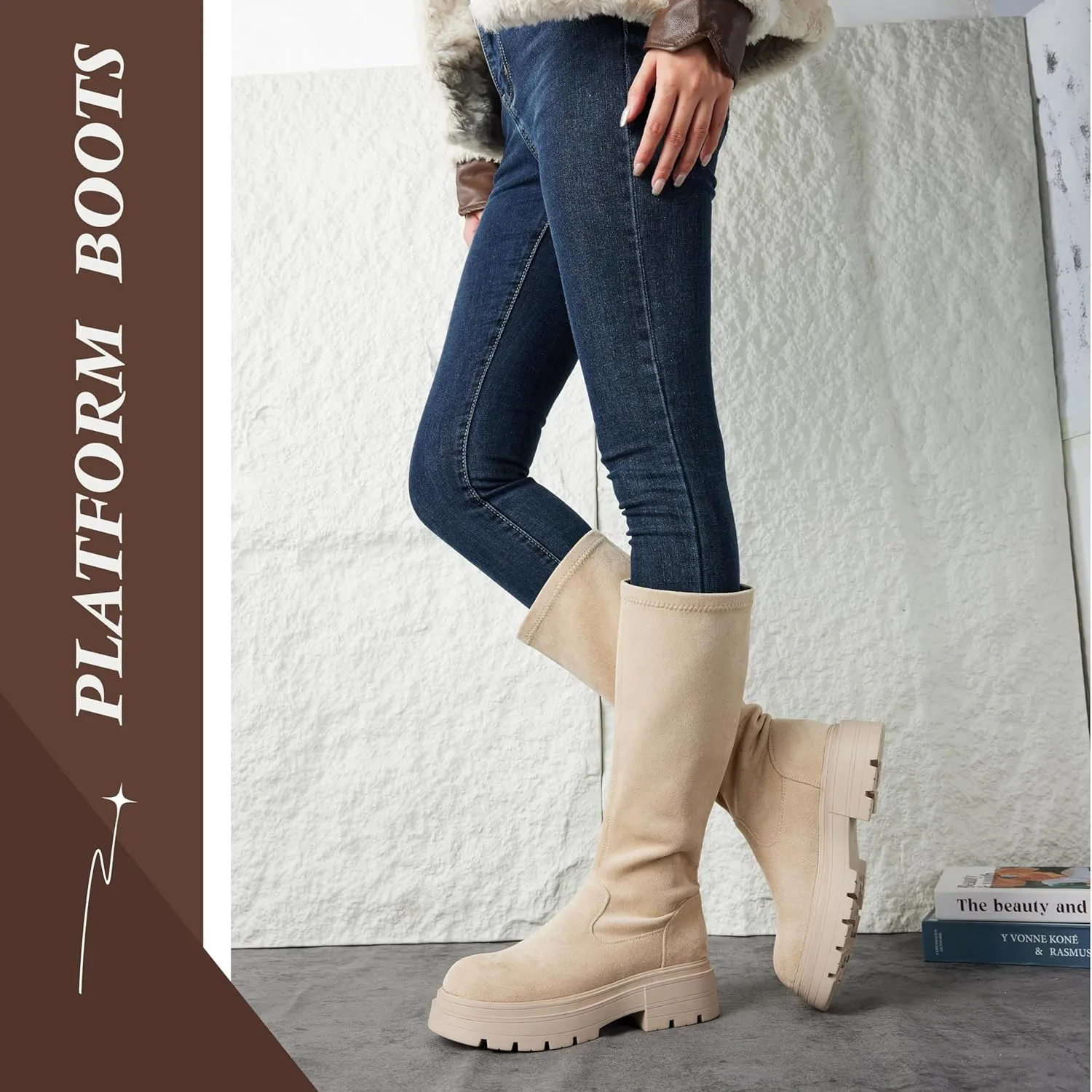 Putu Platform Knee High Boots for Women Faux Suede Tall Boots Lug Sole Knee Boots
