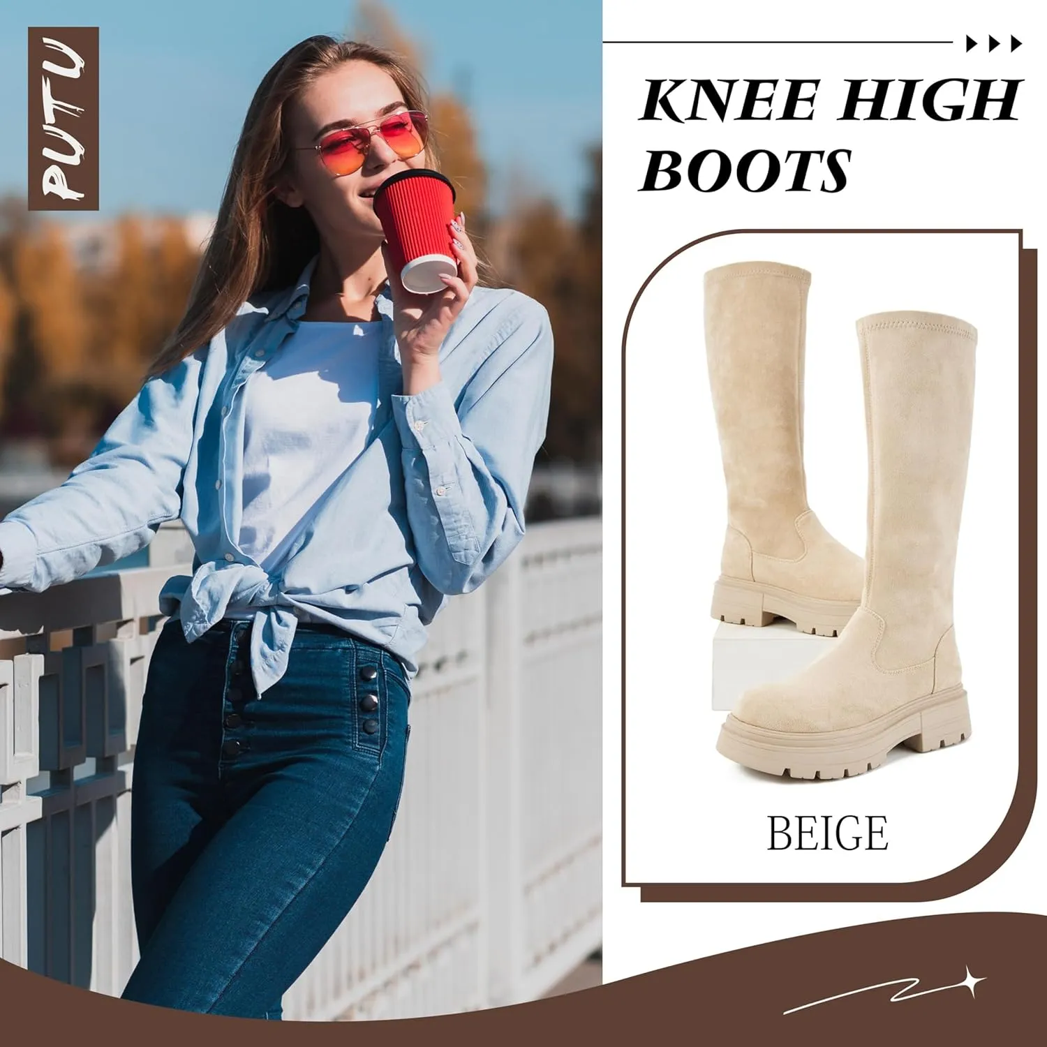 Putu Platform Knee High Boots for Women Faux Suede Tall Boots Lug Sole Knee Boots