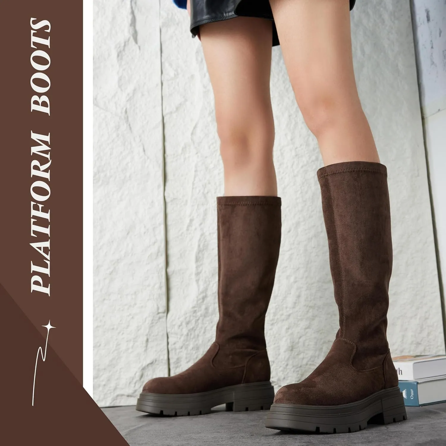 Putu Platform Knee High Boots for Women Faux Suede Tall Boots Lug Sole Knee Boots