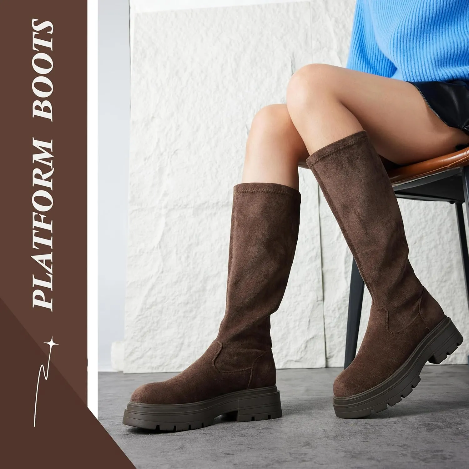 Putu Platform Knee High Boots for Women Faux Suede Tall Boots Lug Sole Knee Boots