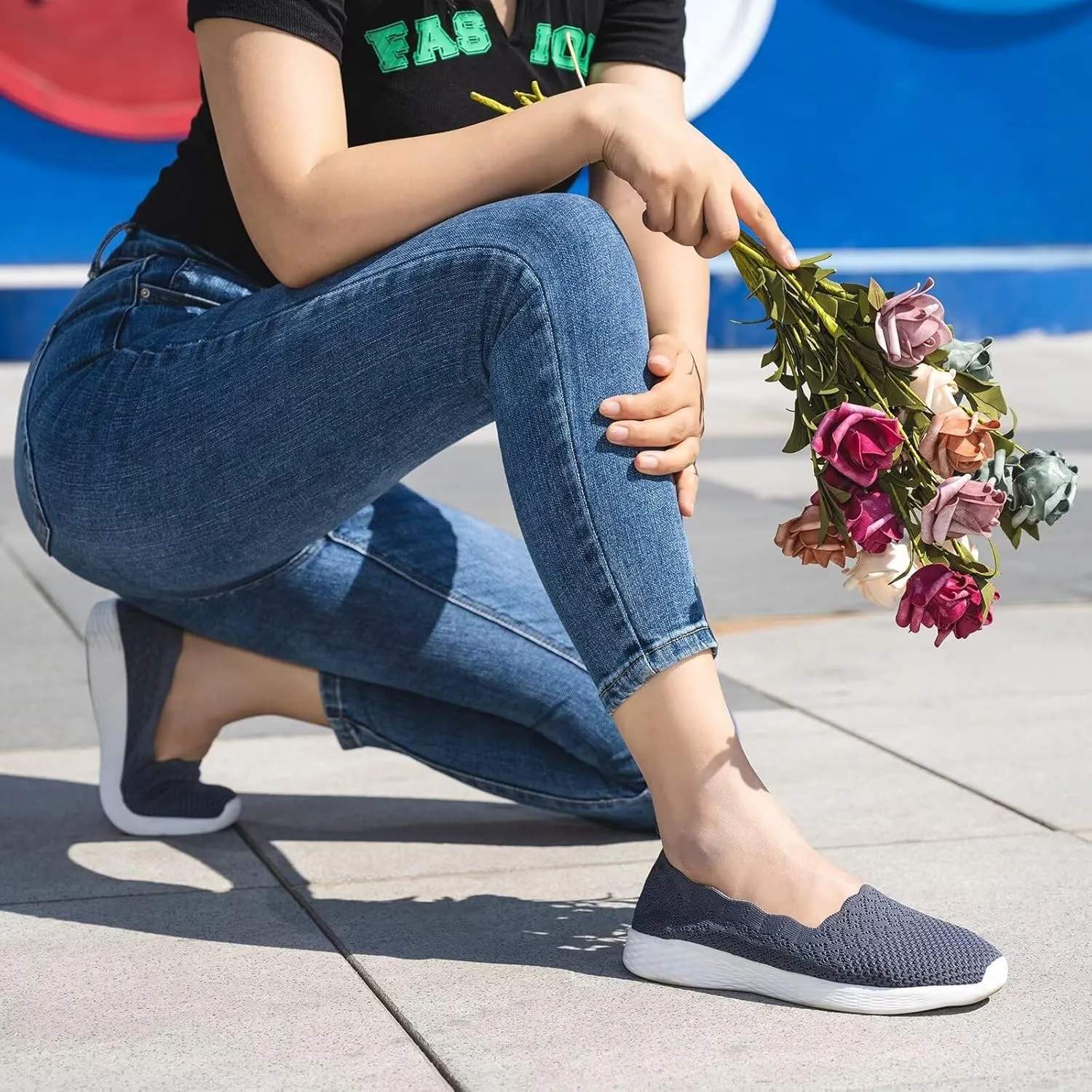 Puxowe Women's Slip on Walking Loafer Shoes-Lightweight Flat Shoes for Women Low-Top Round Toe Knit Memory Foam Sneaker