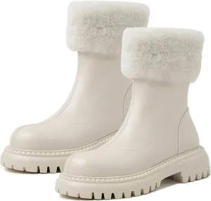 Raw Edge Mid-Tube Snow Boots, Thick-Soled Low Heeled Short Boots with Short Plush Lining and Plush Warm Straight Boots with Leather Shiny Waterproof Winter Boots