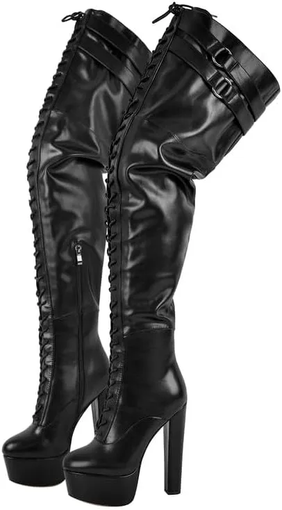 Richealnana Women's Over The Knee High Platform Thigh High Boots Lace-Up Chunky Heels Fashion