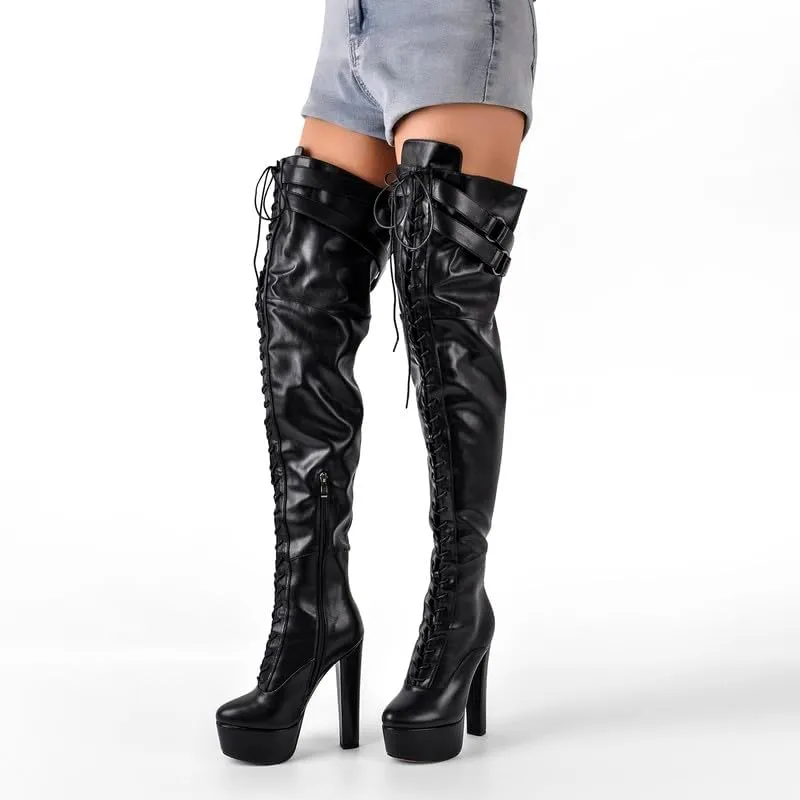 Richealnana Women's Over The Knee High Platform Thigh High Boots Lace-Up Chunky Heels Fashion