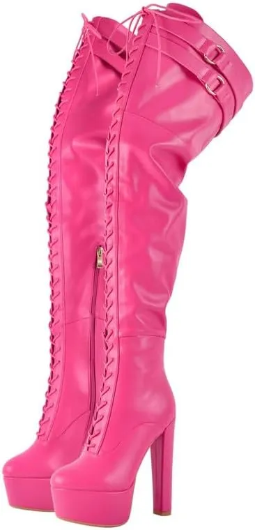 Richealnana Women's Over The Knee High Platform Thigh High Boots Lace-Up Chunky Heels Fashion