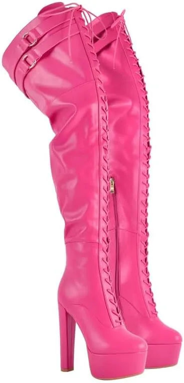 Richealnana Women's Over The Knee High Platform Thigh High Boots Lace-Up Chunky Heels Fashion