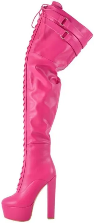 Richealnana Women's Over The Knee High Platform Thigh High Boots Lace-Up Chunky Heels Fashion