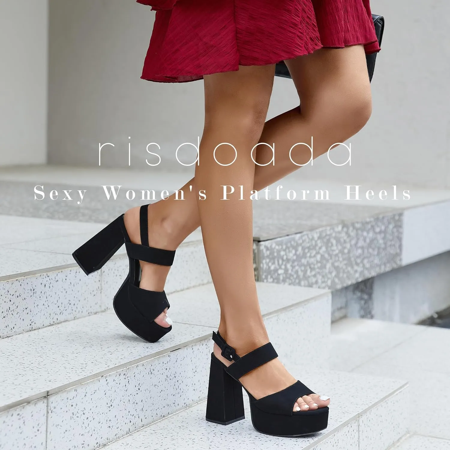 risdoada Platform Heels for Women 4.53 Inches Chunky High Heels Ankle Strap Square Toe Heeled Sandals Wedding Party Wedges Pumps