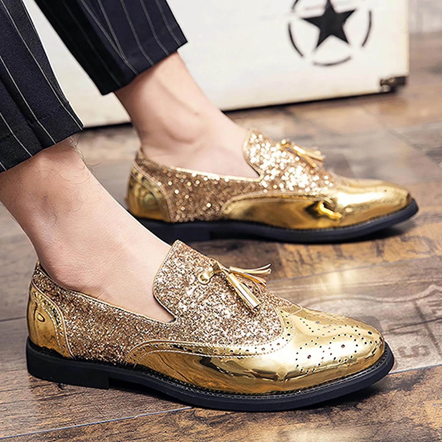 rismart Men's Dress Loafers Glitter Sequins Slip on Brogue Wingtip Oxfords Shoes