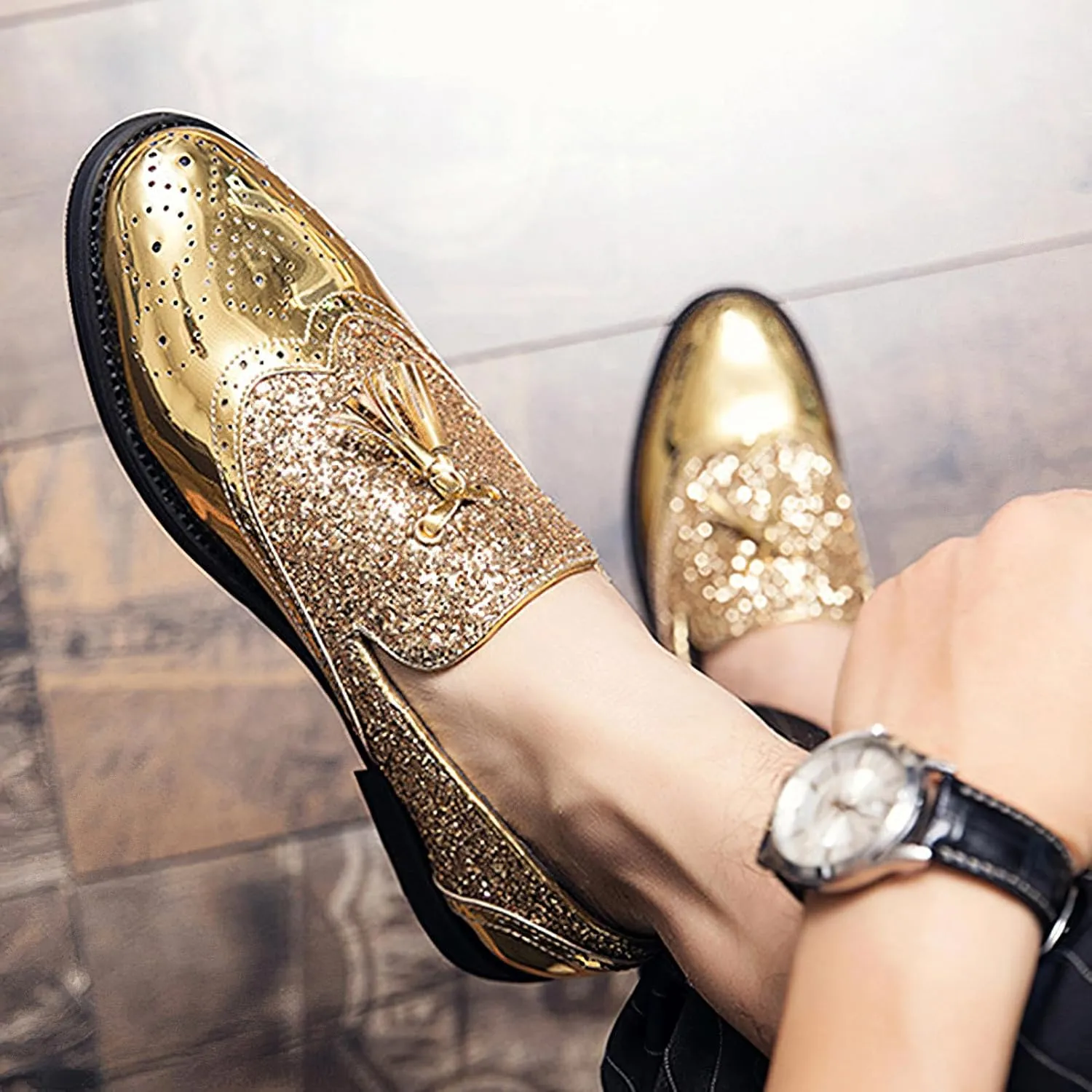 rismart Men's Dress Loafers Glitter Sequins Slip on Brogue Wingtip Oxfords Shoes