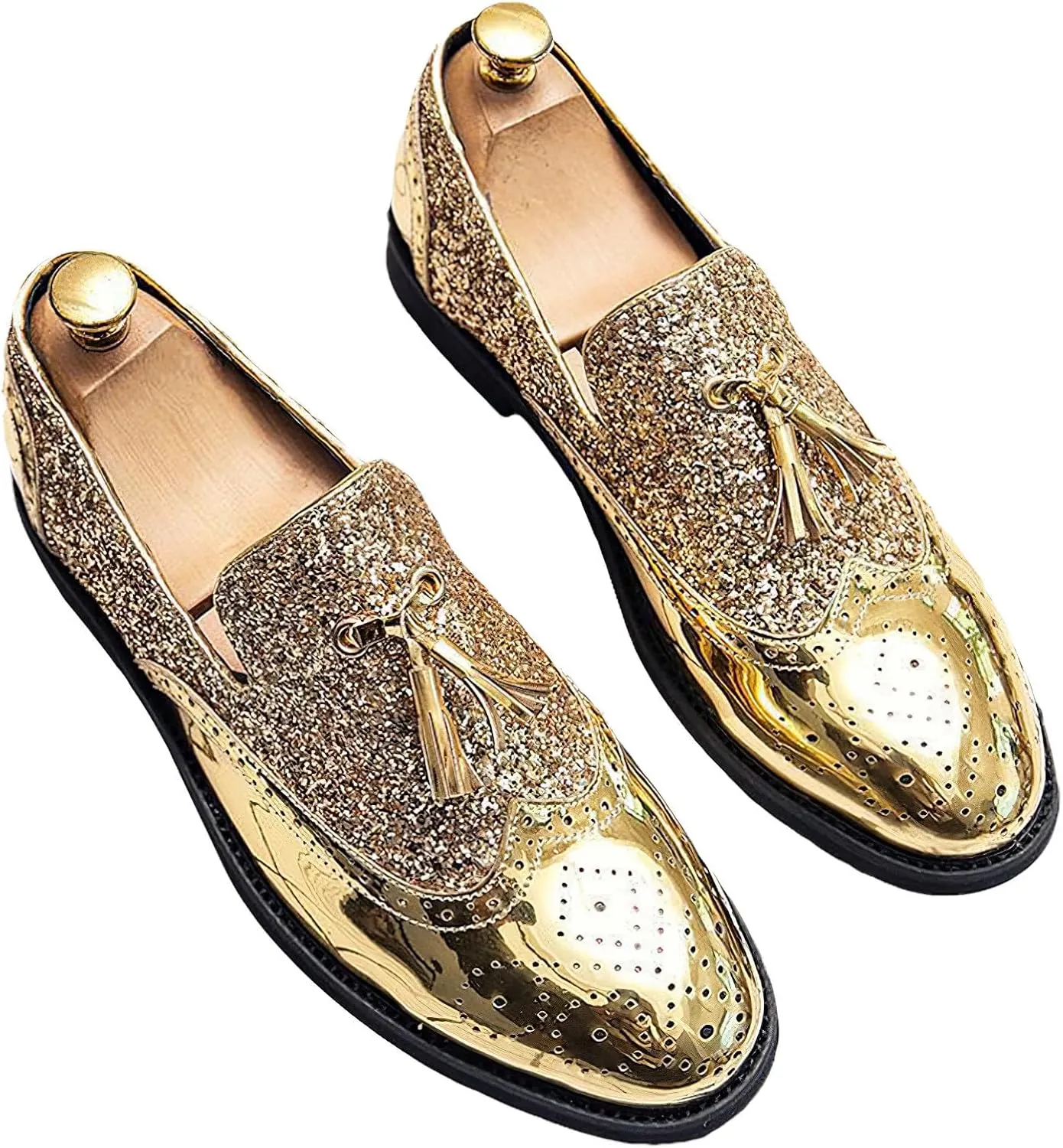 rismart Men's Dress Loafers Glitter Sequins Slip on Brogue Wingtip Oxfords Shoes