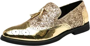 rismart Men's Dress Loafers Glitter Sequins Slip on Brogue Wingtip Oxfords Shoes