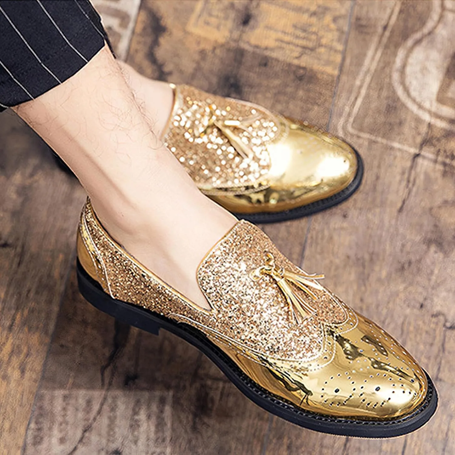rismart Men's Dress Loafers Glitter Sequins Slip on Brogue Wingtip Oxfords Shoes