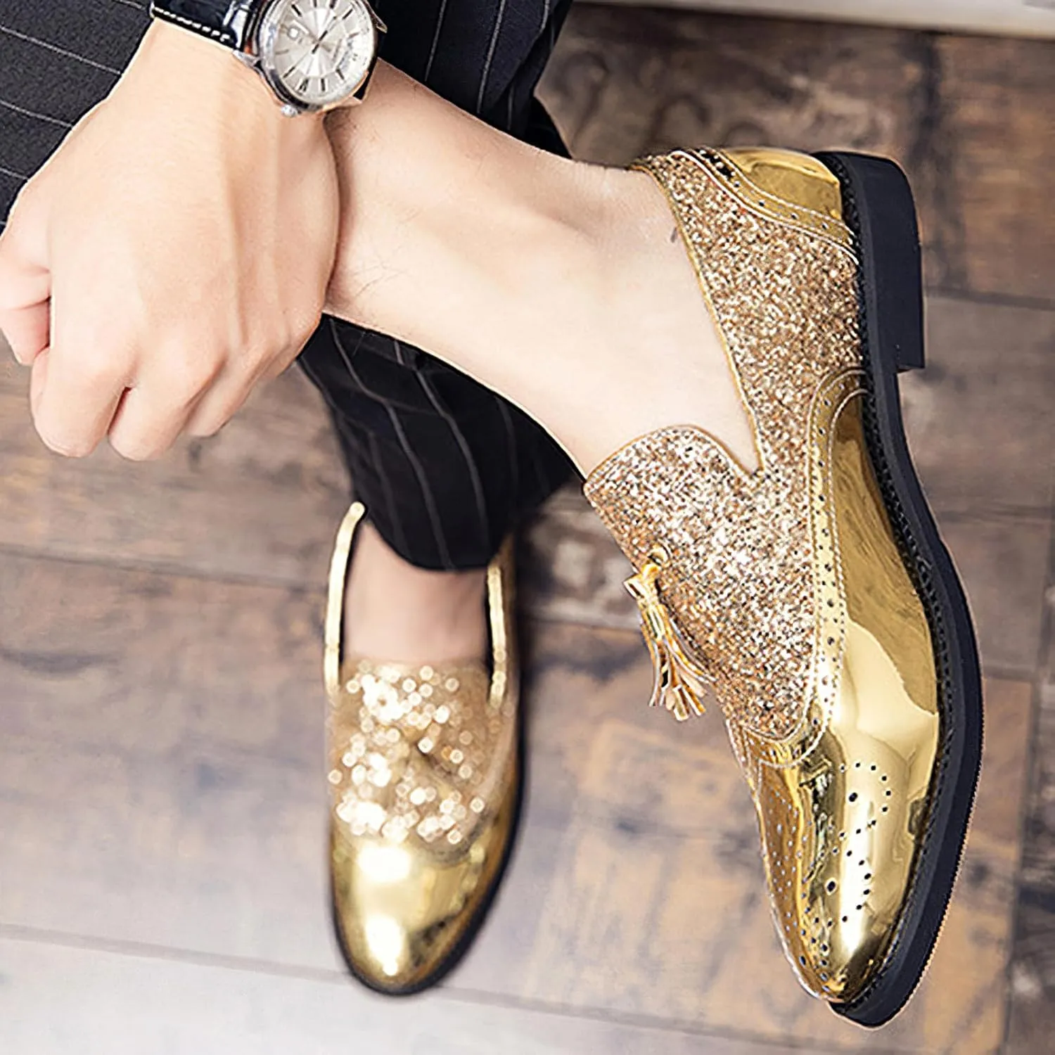 rismart Men's Dress Loafers Glitter Sequins Slip on Brogue Wingtip Oxfords Shoes