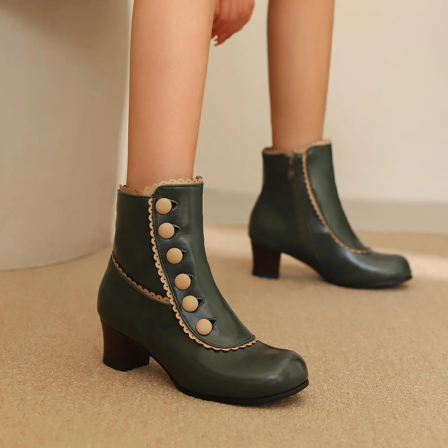 Roimaash Women's Victorian Boots Ankle High Cone Heels