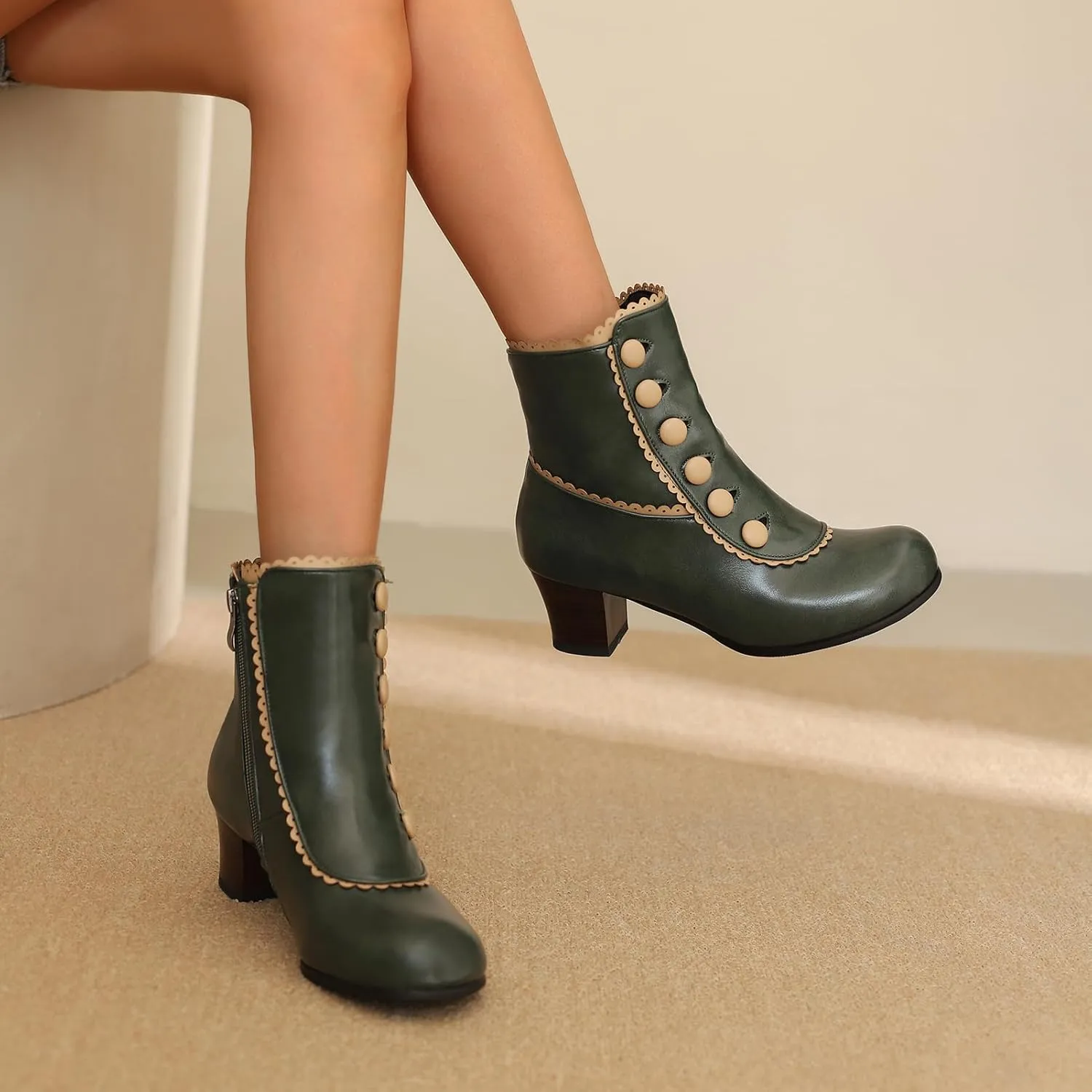 Roimaash Women's Victorian Boots Ankle High Cone Heels