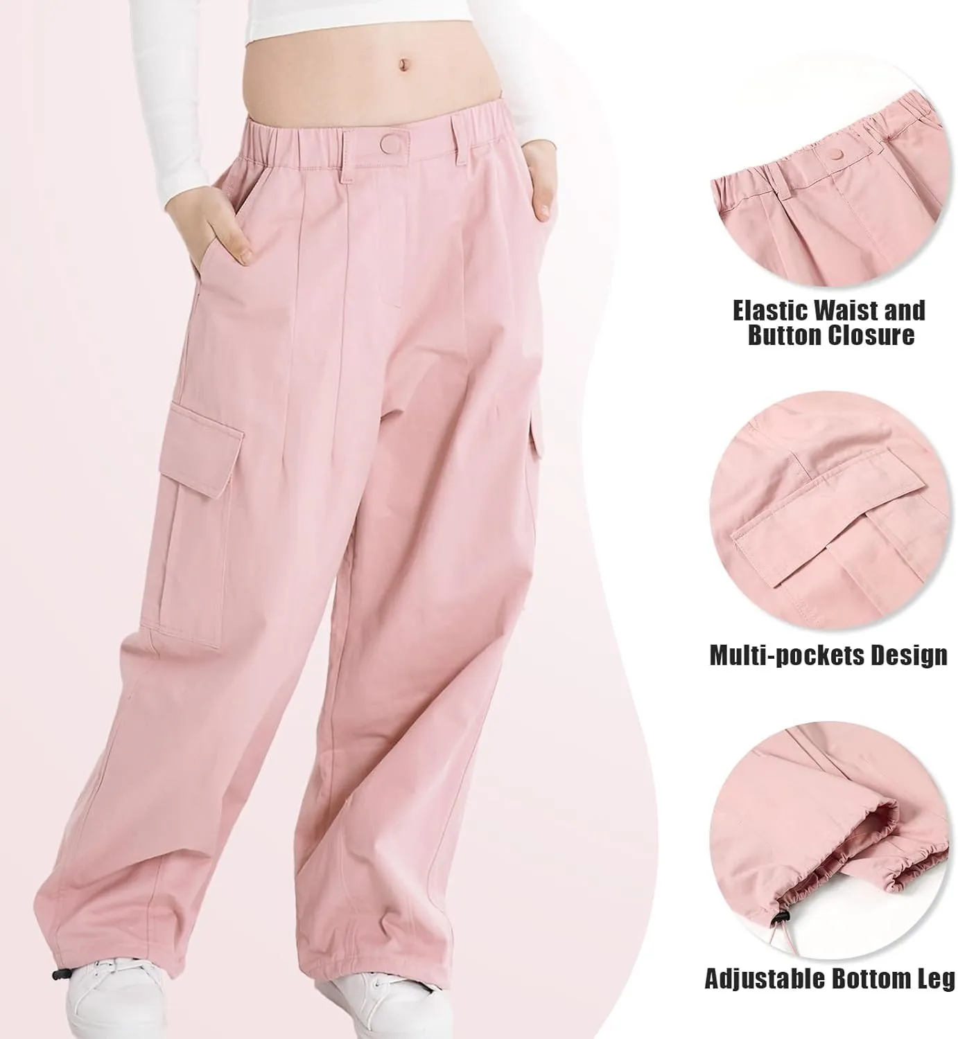 Rolanko Girls Cargo Pants Wide Leg Streetwear Kids Pants with Pockets Trendy Jogger Trousers 4-14 Years