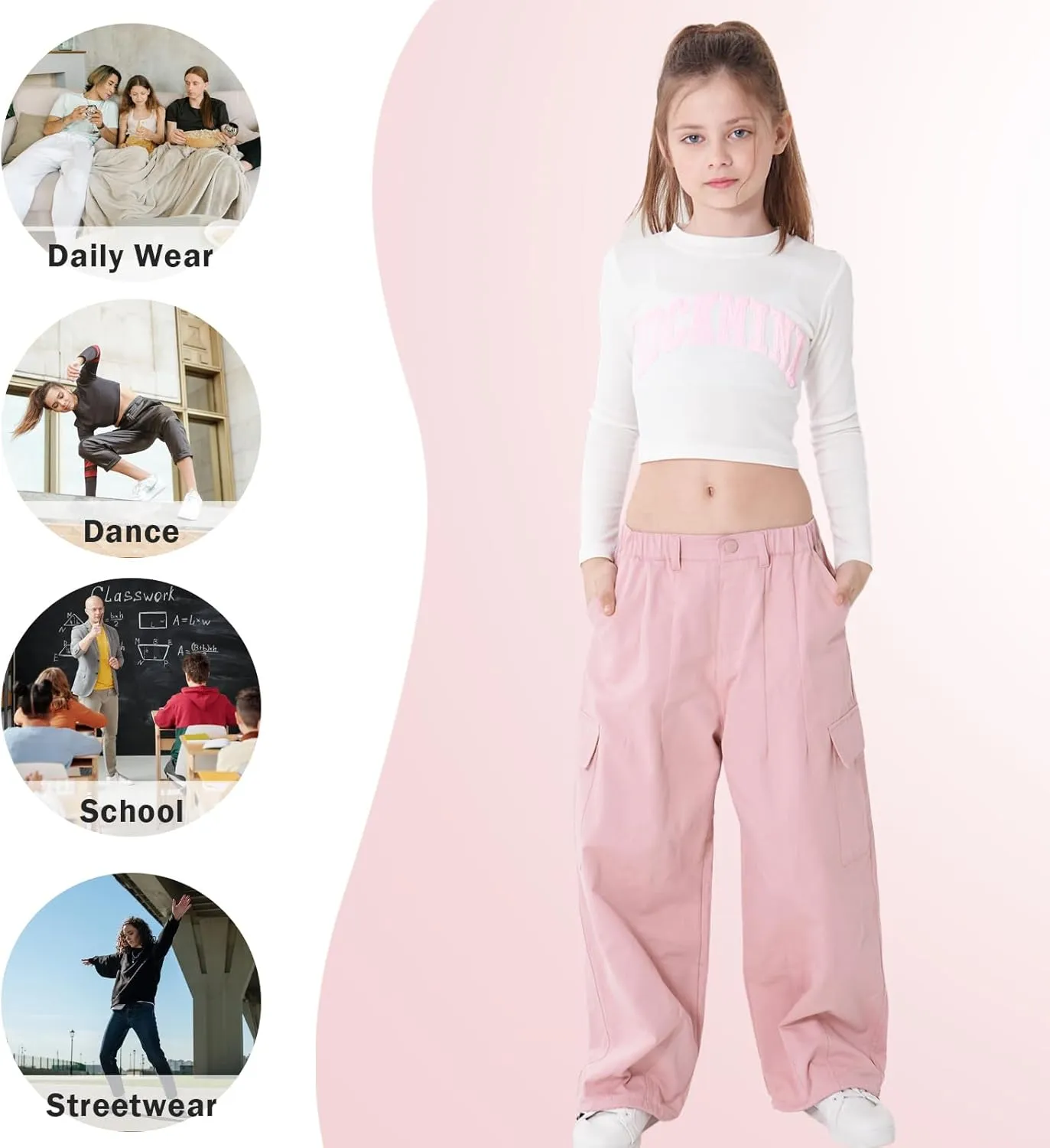 Rolanko Girls Cargo Pants Wide Leg Streetwear Kids Pants with Pockets Trendy Jogger Trousers 4-14 Years