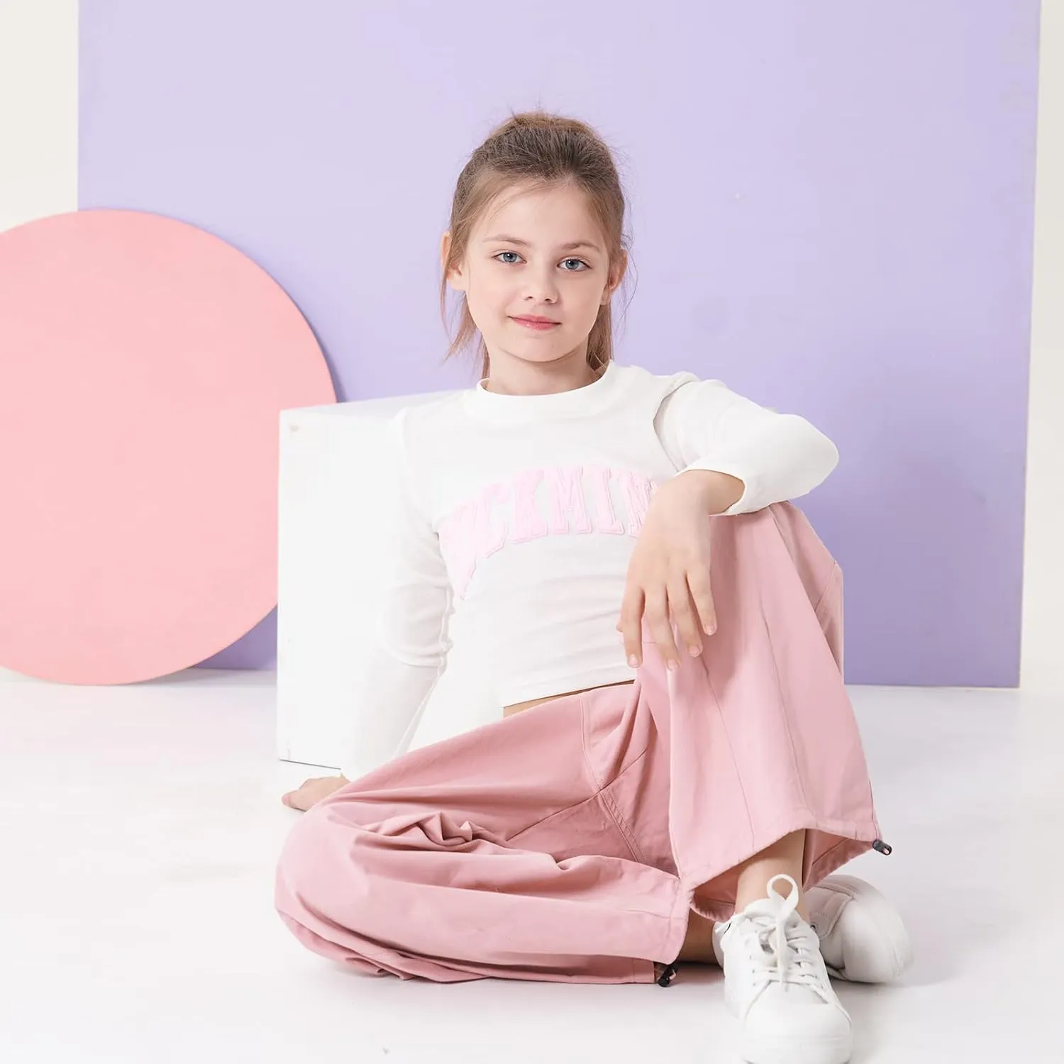 Rolanko Girls Cargo Pants Wide Leg Streetwear Kids Pants with Pockets Trendy Jogger Trousers 4-14 Years