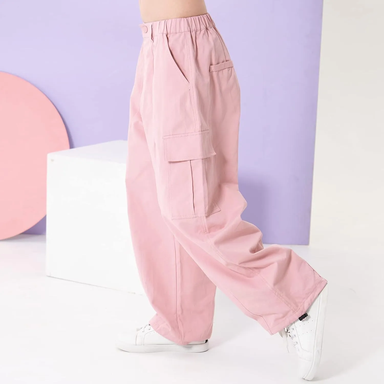 Rolanko Girls Cargo Pants Wide Leg Streetwear Kids Pants with Pockets Trendy Jogger Trousers 4-14 Years