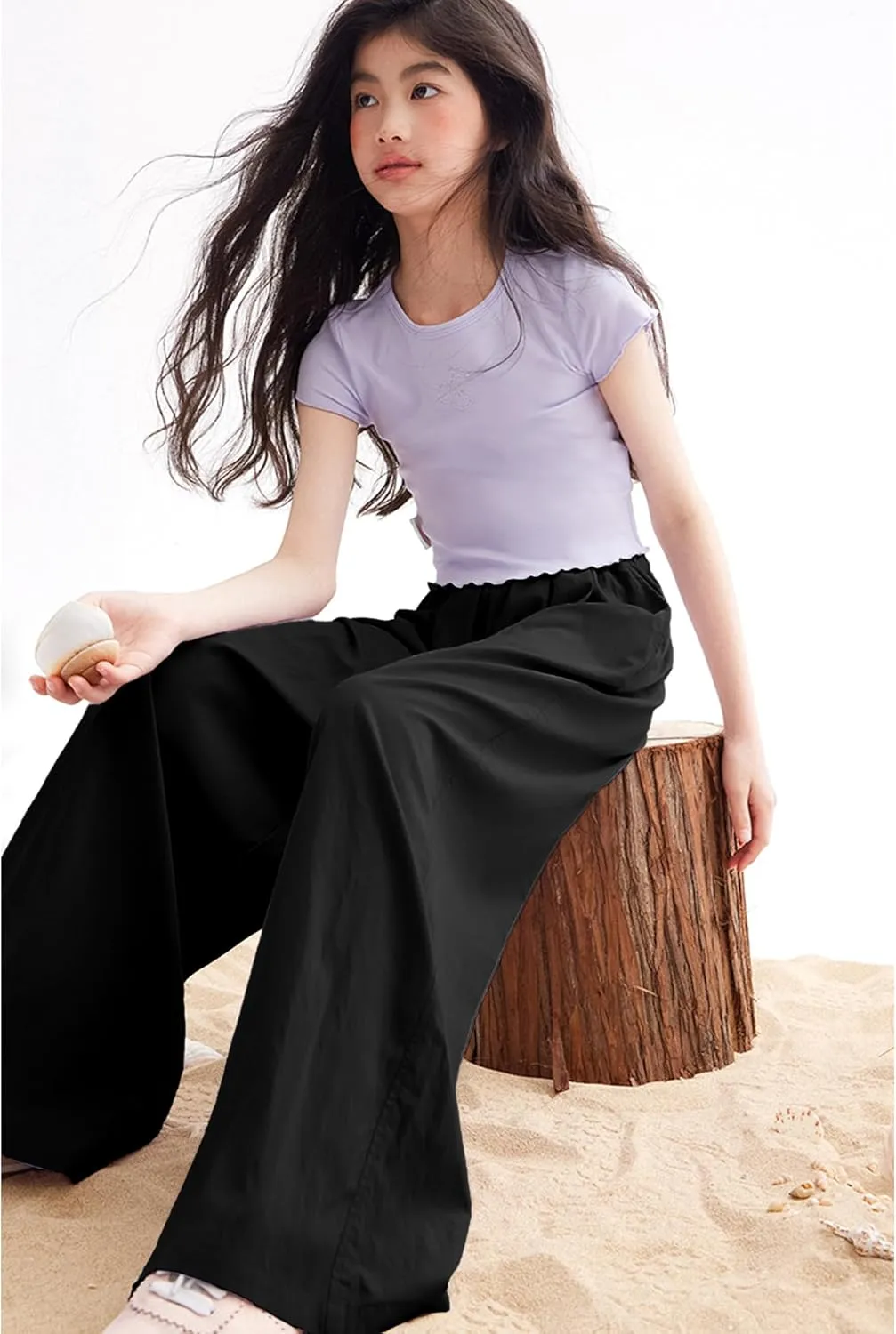 Rolanko Girls Wide Leg Pants Flowy Loose Fit Palazzo Pants for Girls Kids Linen Trousers Casual Beach 6-14Y