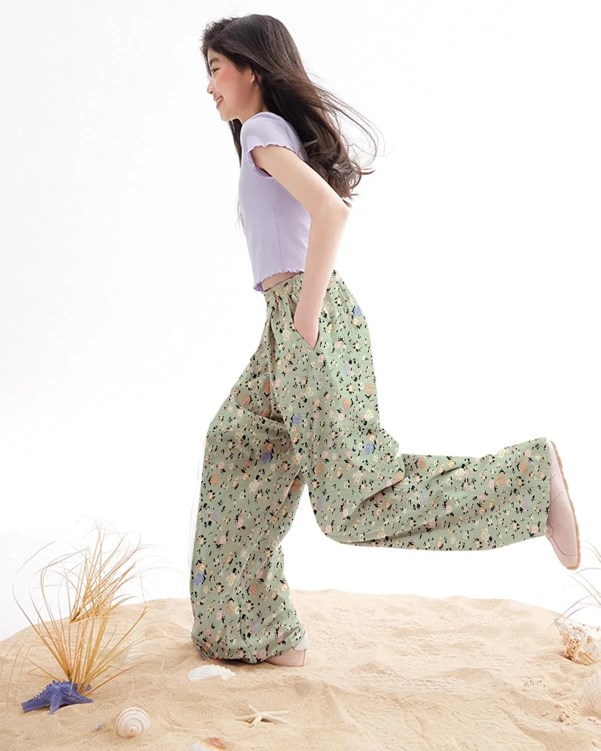 Rolanko Girls Wide Leg Pants Flowy Loose Fit Palazzo Pants for Girls Kids Linen Trousers Casual Beach 6-14Y