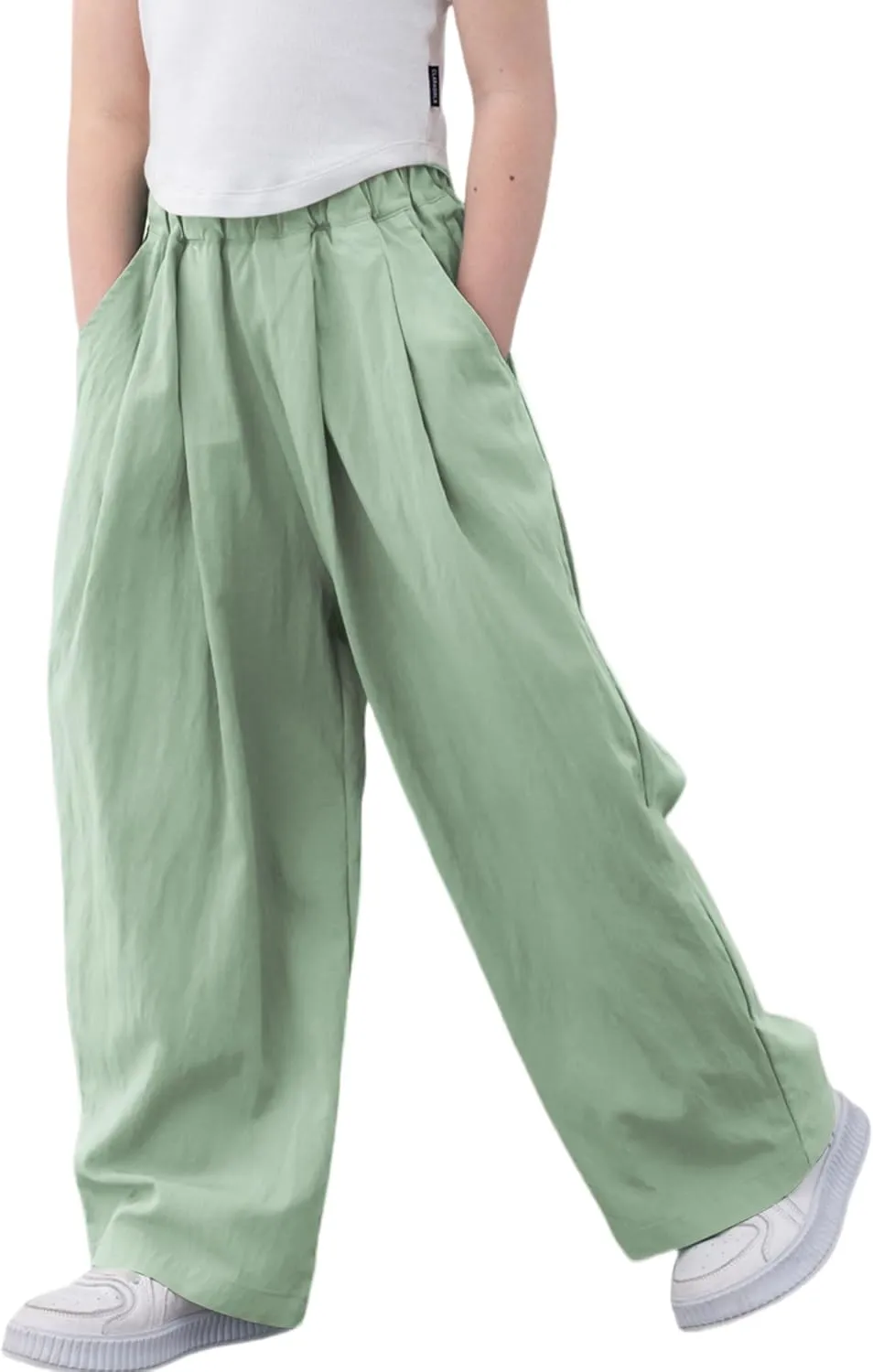 Rolanko Girls Wide Leg Pants Flowy Loose Fit Palazzo Pants for Girls Kids Linen Trousers Casual Beach 6-14Y